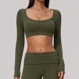 BT9599-3 · Olive Green Olive Green Women's Brushed Long Sleeve Top Long Sleeve Stretch