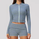GS4556-1 · Royal Blue White Royal Blue White Women's Striped Fitness Yoga Activewear Set Zip Up