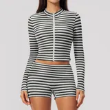 Ink White Women's Striped Fitness Yoga Activewear Set Zip Up