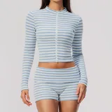 Pale Blue White Women's Striped Fitness Yoga Activewear Set Zip Up