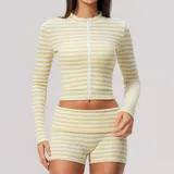 Mustard White Women's Striped Fitness Yoga Activewear Set Zip Up