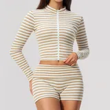 Khaki White Women's Striped Fitness Yoga Activewear Set Zip Up