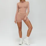 Retro Pink Women's Seamless Yoga Jacket and Shorts Set