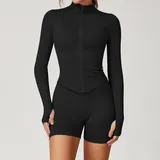 Jet Black Women's Seamless Yoga Jacket and Shorts Set