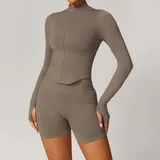 LS7725-18 · Coffee Coffee Women's Seamless Yoga Jacket and Shorts Set