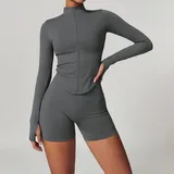 Dark Grey Women's Seamless Yoga Jacket and Shorts Set