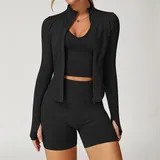 LS7725-30 · Jet Black Jet Black Women's 3 Piece Seamless Yoga Set Bra Shorts Jacket