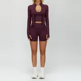 Plum Wine Red Women's 3 Piece Seamless Yoga Set Bra Shorts Jacket