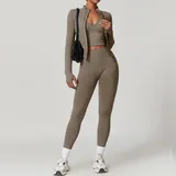 Coffee Women's 3 Piece Seamless Yoga Set Bra Leggings Jacket