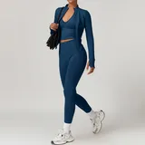 Blue Women's 3 Piece Seamless Yoga Set Bra Leggings Jacket