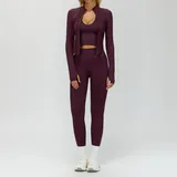 Plum Wine Red Women's 3 Piece Seamless Yoga Set Bra Leggings Jacket
