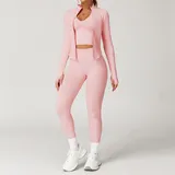 Peach Pink Women's 3 Piece Seamless Yoga Set Bra Leggings Jacket