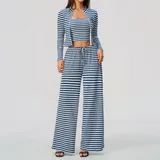 Royal Blue White Women's Striped Running Yoga Set 3 Piece Breathable