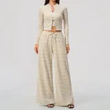 Khaki White Women's Striped Running Yoga Set 3 Piece Breathable