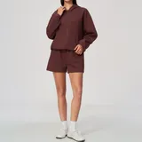 Wine Red Women's Hooded Long Sleeve Yoga Set