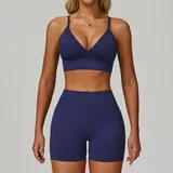 Navy Blue Women's Yoga Set Seamless Running 3 Piece Slimming