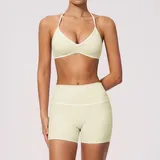 Cream Almond Women's Stretch Color Block Yoga Set
