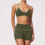 Olive Green Women's Stretch Color Block Yoga Set