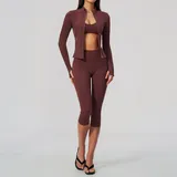 Wine Red Women's Zip Up Yoga Set 3 Piece Slimming