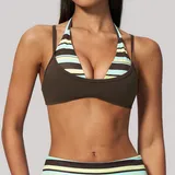 Brown Stripe Women's Color Block Strappy Sports Bra