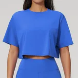 Cloisonne Blue Women's Yoga Short Sleeve Top Crew Neck Relaxed