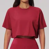 Cherry Red Women's Yoga Short Sleeve Top Crew Neck Relaxed