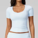 ST5558-3 · Azure Blue Azure Blue Women's Short Sleeve Top Short Sleeve Brushed Fitted