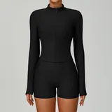 Jet Black Running Stand Collar Jacket Windproof Ribbed Slimming Fitted