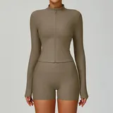 Light Coffee Running Stand Collar Jacket Windproof Ribbed Slimming Fitted
