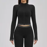 Jet Black Women's Running Zip Up Jacket Brushed Windproof Fitted