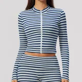 Royal Blue White Women's Striped Fitness Stand Collar Workout Jacket Fitted