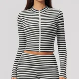 Ink White Women's Striped Fitness Stand Collar Workout Jacket Fitted