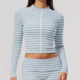 WJ4556-3 · Pale Blue White Pale Blue White Women's Striped Fitness Stand Collar Workout Jacket Fitted