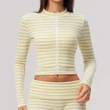 Mustard White Women's Striped Fitness Stand Collar Workout Jacket Fitted