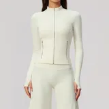 Cream White Women's Yoga Zip Up Jacket Brushed Stretch Fitted