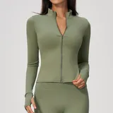 Army Green Women's Running Zip Up Jacket Long Sleeve Breathable