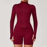 Cherry Red Women's Stand Collar Workout Jacket Long Sleeve Fitted