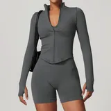Dark Grey Women's Stand Collar Workout Jacket Long Sleeve Fitted