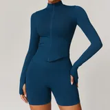 Blue Women's Stand Collar Workout Jacket Long Sleeve Fitted