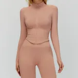 Retro Pink Women's Stand Collar Workout Jacket Long Sleeve Fitted
