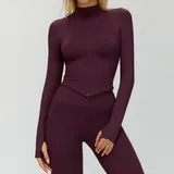 Plum Wine Red Women's Stand Collar Workout Jacket Long Sleeve Fitted