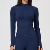 Ink Blue Seamless Women's Stand Collar Jacket Thermal Windproof Fitted