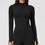 Jet Black Seamless Women's Stand Collar Jacket Thermal Windproof Fitted