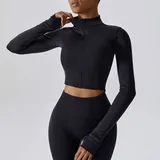 Jet Black Women's Zip Up Workout Jacket Long Sleeve Slimming