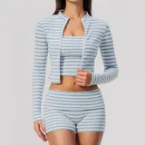 Pale Blue White Women's Breathable Slimming Yoga Activewear Set 3 Piece