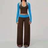 Tan Brown Blue Clash High Waist Women's Yoga Activewear Set 3 Piece